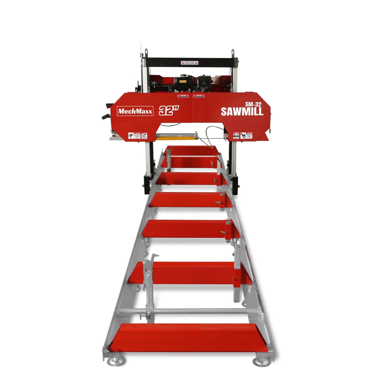32" Portable Sawmill (5 x Blades Included),  459cc 15HP E-Start Gasoline Engine,  26.5" Board Width,  20' Track Length (13' Track Length + 6.4' Track Extension Included) ,  SM-32