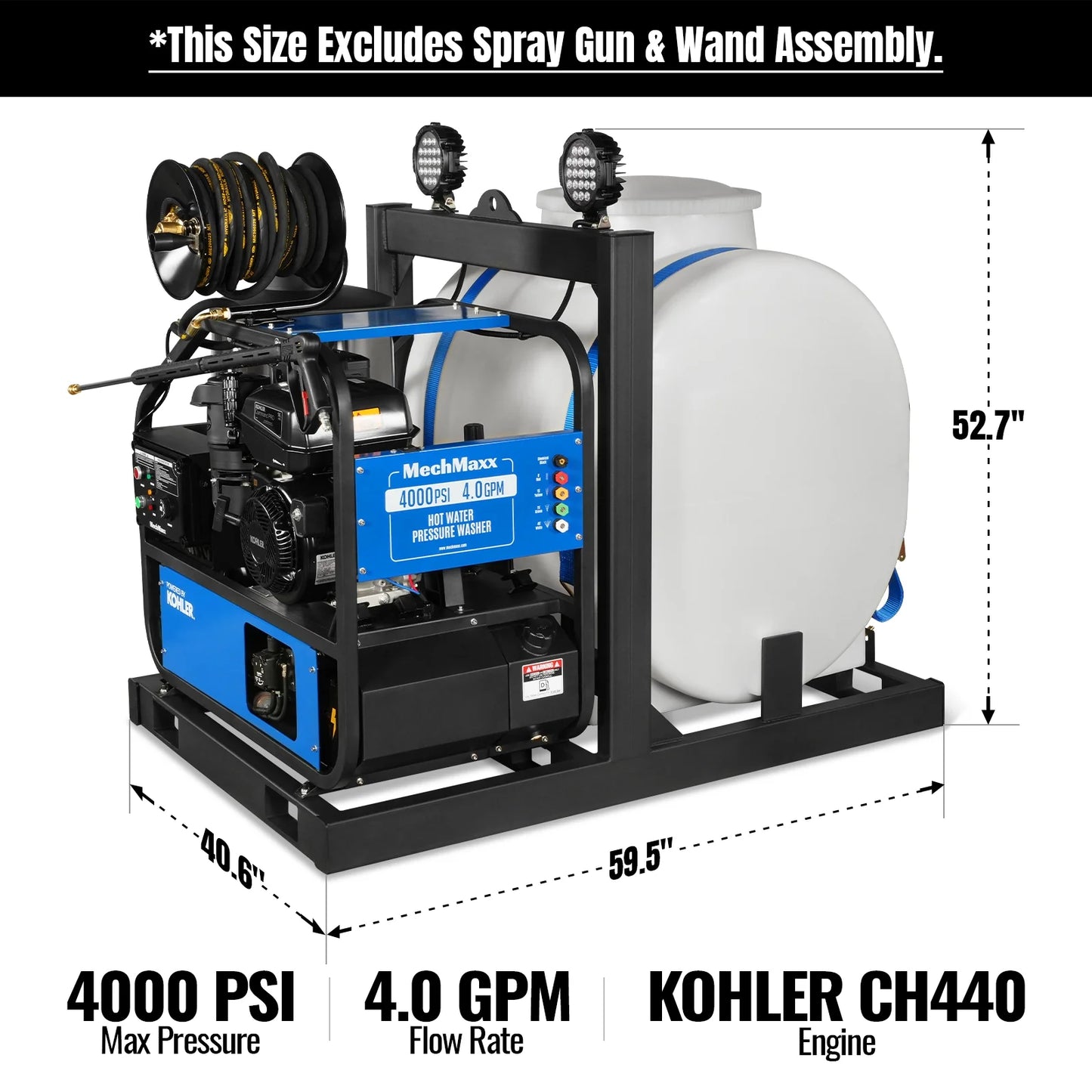 4000 PSI 4 GPM KOHLER E-Start Engine Hot Water Pressure Washer Skid Mounted with 175 Gal Tank,  HPW40KT