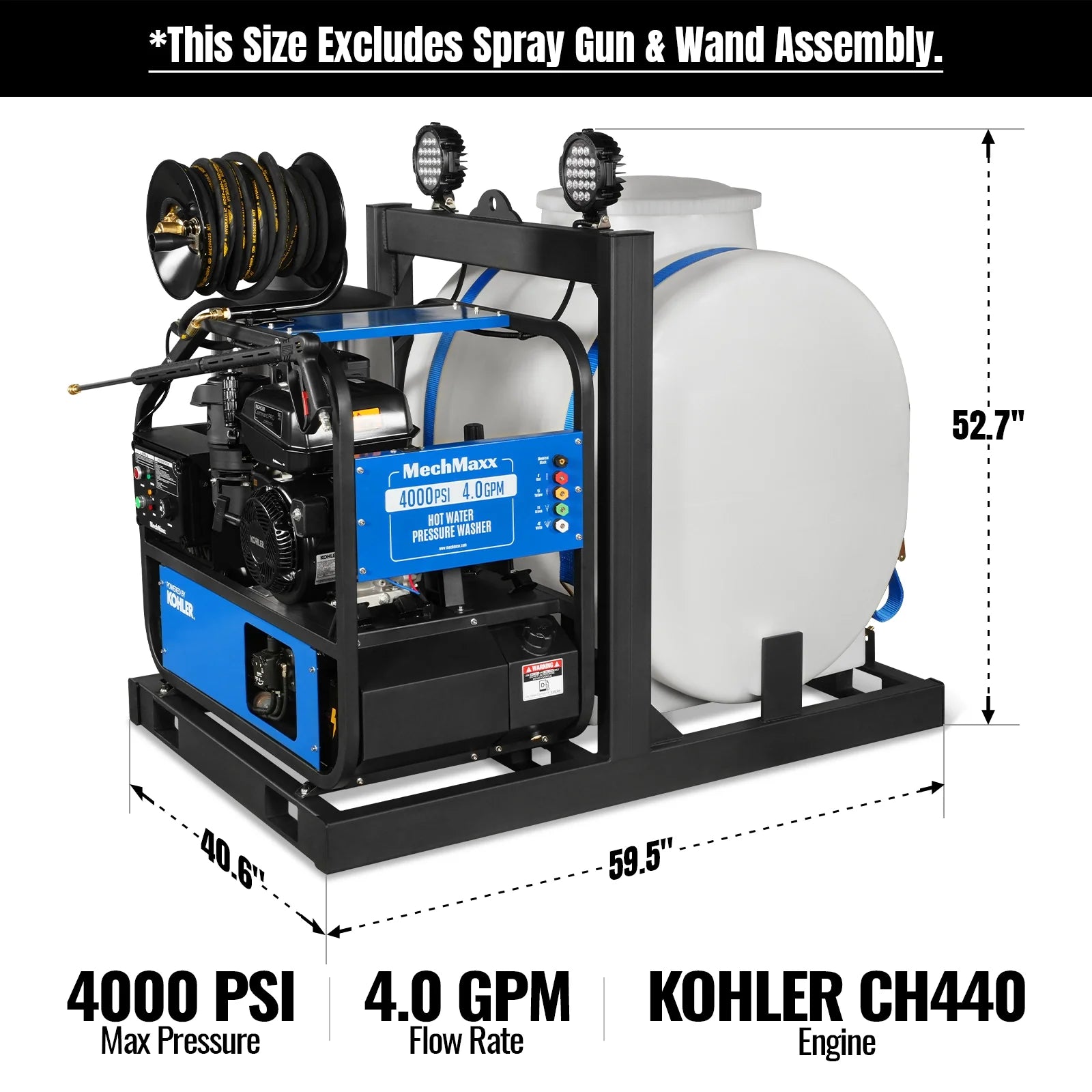 4000 PSI 4 GPM KOHLER E-Start Engine Hot Water Pressure Washer Skid Mounted with 175 Gal Tank,  HPW40KT