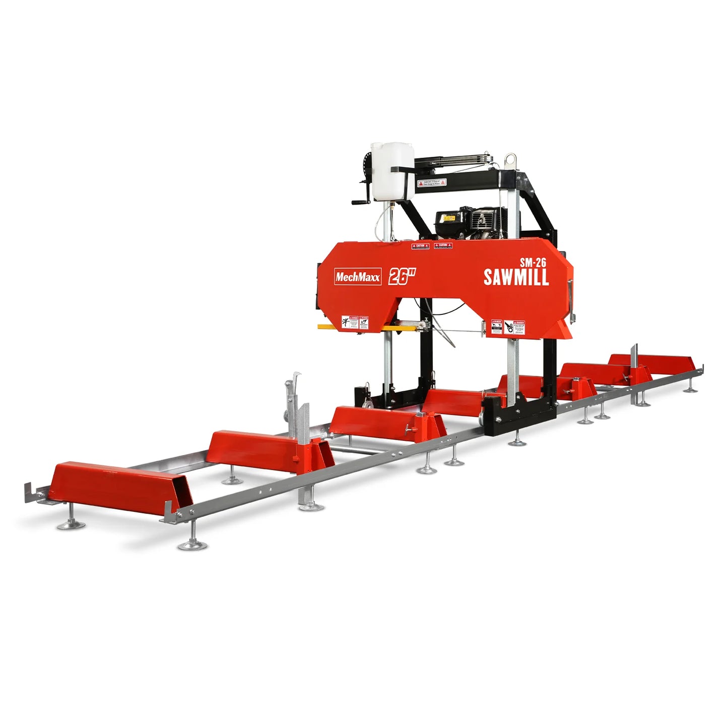 26" Portable Sawmill (5x Blades Included),  459cc 15HP E-Start Gasoline Engine,  20" Board Width,  20' Track Length (13' Track Length + 6.4' Track Extension Included) ,  SM-26