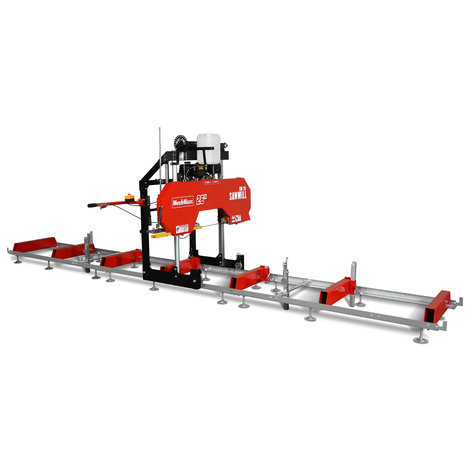 26" Portable Sawmill (5x Blades Included),  459cc 15HP E-Start Gasoline Engine,  20" Board Width,  20' Track Length (13' Track Length + 6.4' Track Extension Included) ,  SM-26