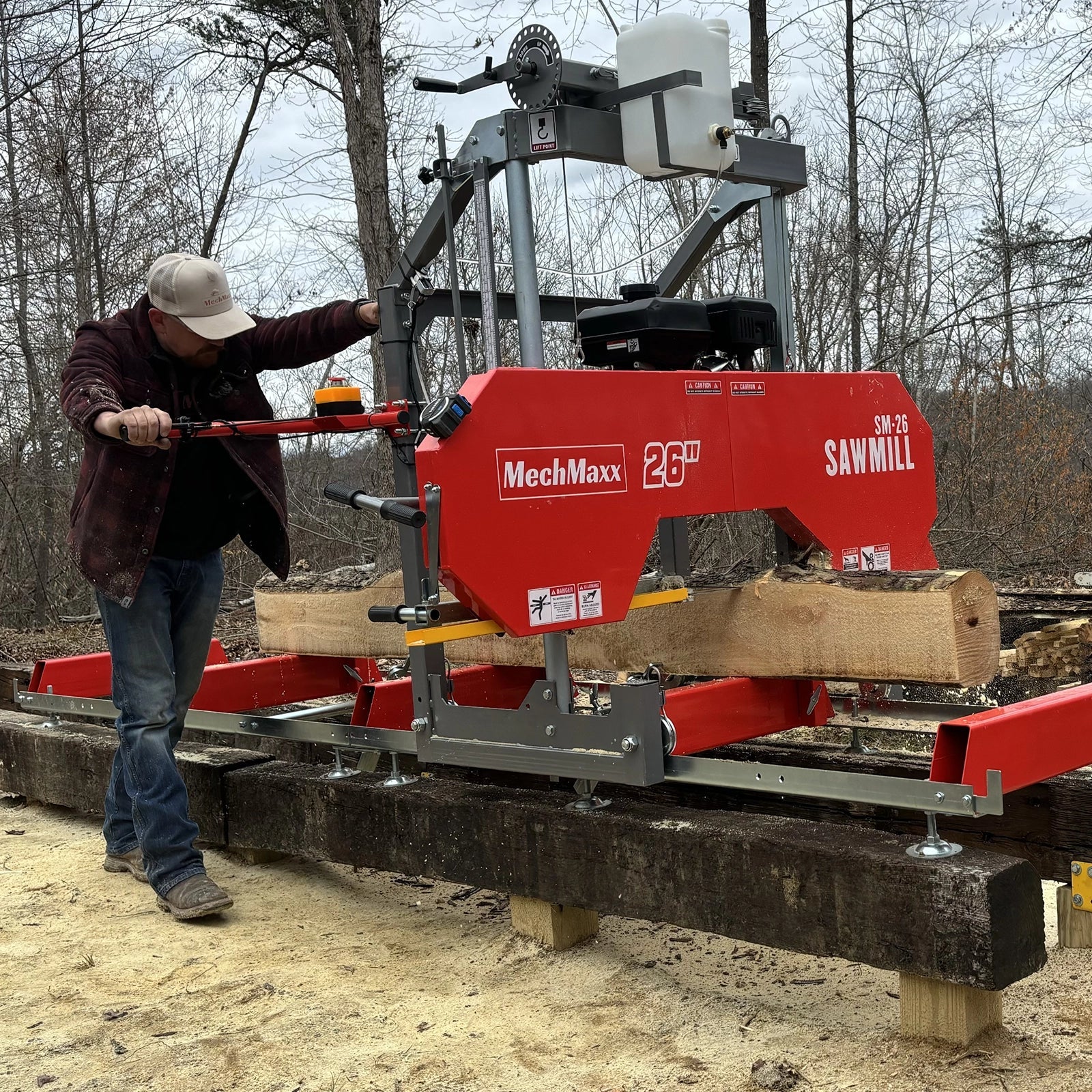 26" Portable Sawmill,  459cc 15HP E-Start Gasoline Engine,  20" Board  Width,  13' Track Length ,  SM-26