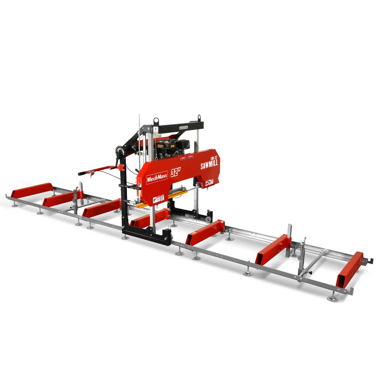 32" Portable Sawmill (5 x Blades Included),  459cc 15HP E-Start Gasoline Engine,  26.5" Board Width,  20' Track Length (13' Track Length + 6.4' Track Extension Included) ,  SM-32