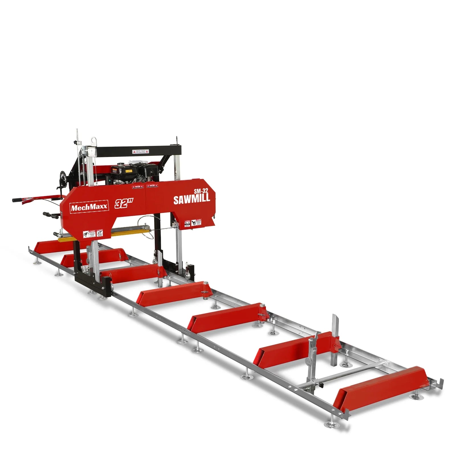 32" Portable Sawmill (5 x Blades Included),  459cc 15HP E-Start Gasoline Engine,  26.5" Board Width,  20' Track Length (13' Track Length + 6.4' Track Extension Included) ,  SM-32