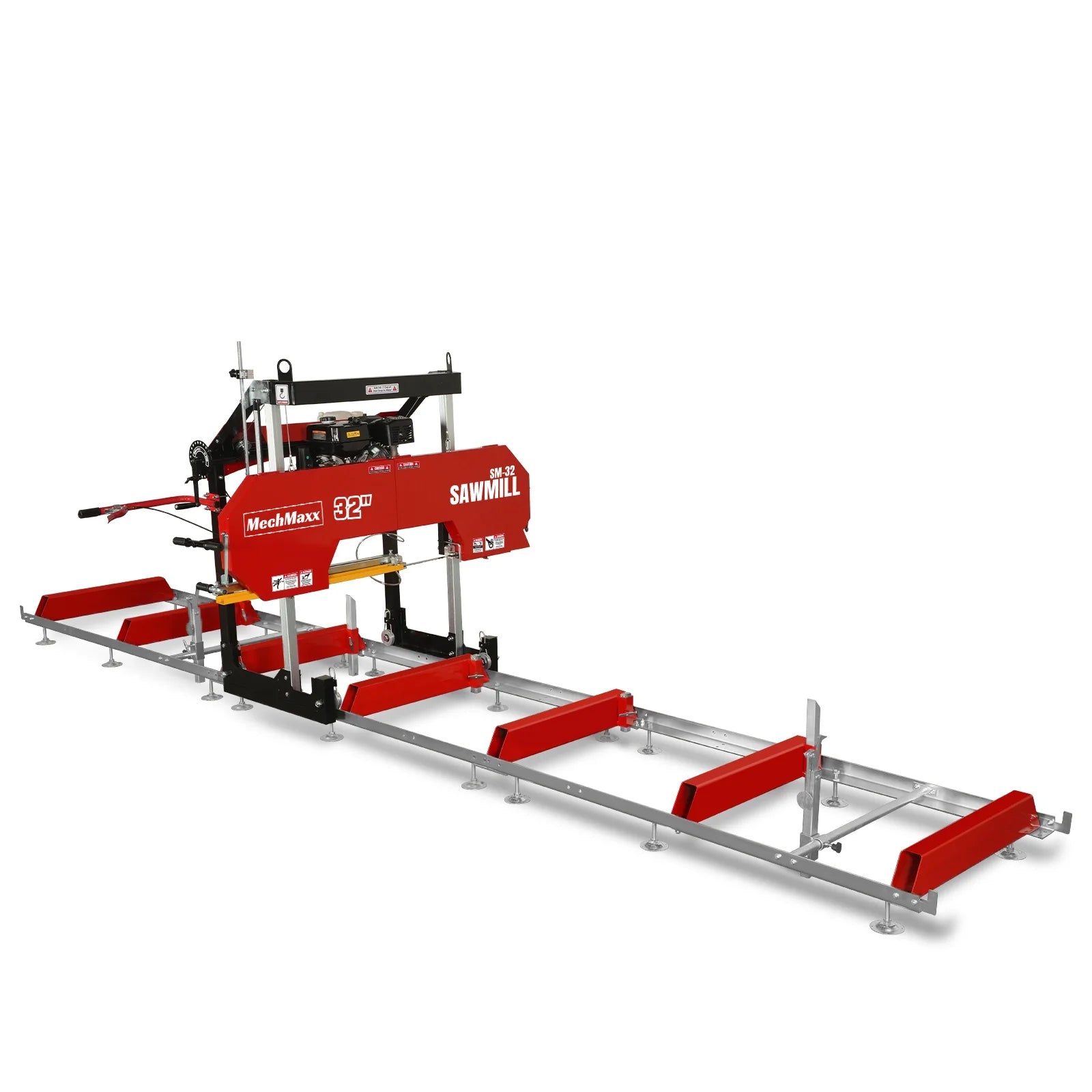 32" Portable Sawmill (5 x Blades Included),  459cc 15HP E-Start Gasoline Engine,  26.5" Board Width,  20' Track Length (13' Track Length + 6.4' Track Extension Included) ,  SM-32