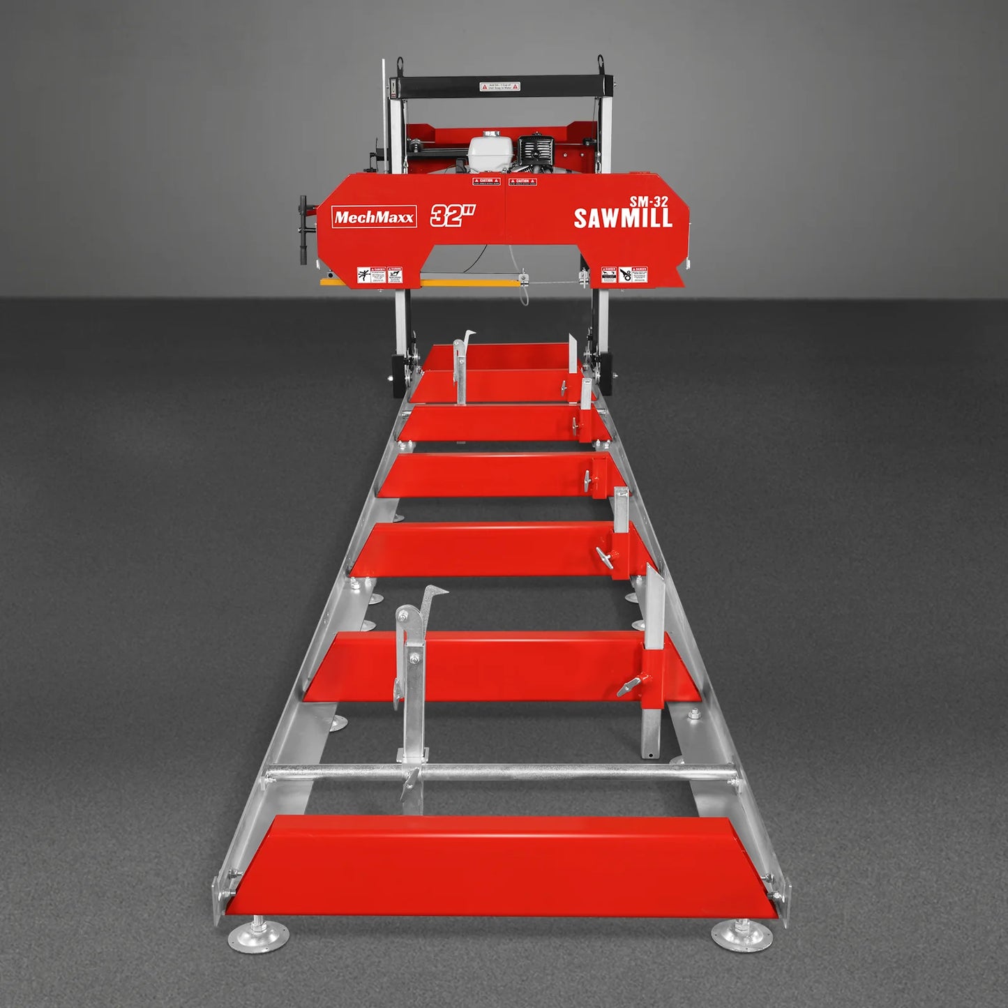 32" Portable Sawmill (5 x Blades Included),  HONDA GX390 389cc E-Start Gasoline Engine,  26.5" Board Width,  20' Track Length (13' Track Length + 6.4' Track Extension Included) ,  SM-32