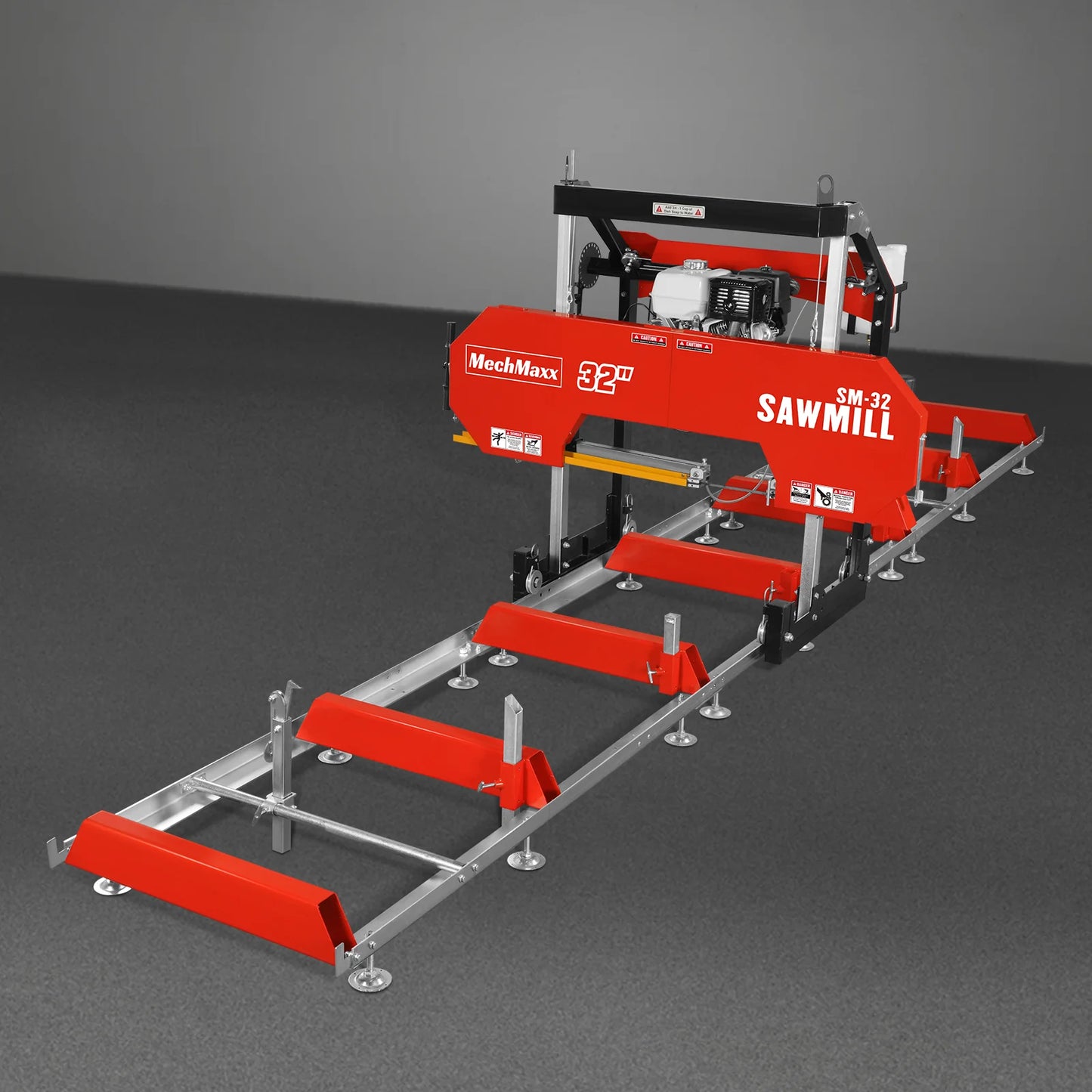 32" Portable Sawmill (5 x Blades Included),  HONDA GX390 389cc E-Start Gasoline Engine,  26.5" Board Width,  20' Track Length (13' Track Length + 6.4' Track Extension Included) ,  SM-32