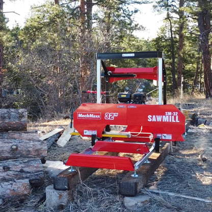 32" Portable Sawmill (5 x Blades Included),  459cc 15HP E-Start Gasoline Engine,  26.5" Board Width,  20' Track Length (13' Track Length + 6.4' Track Extension Included) ,  SM-32