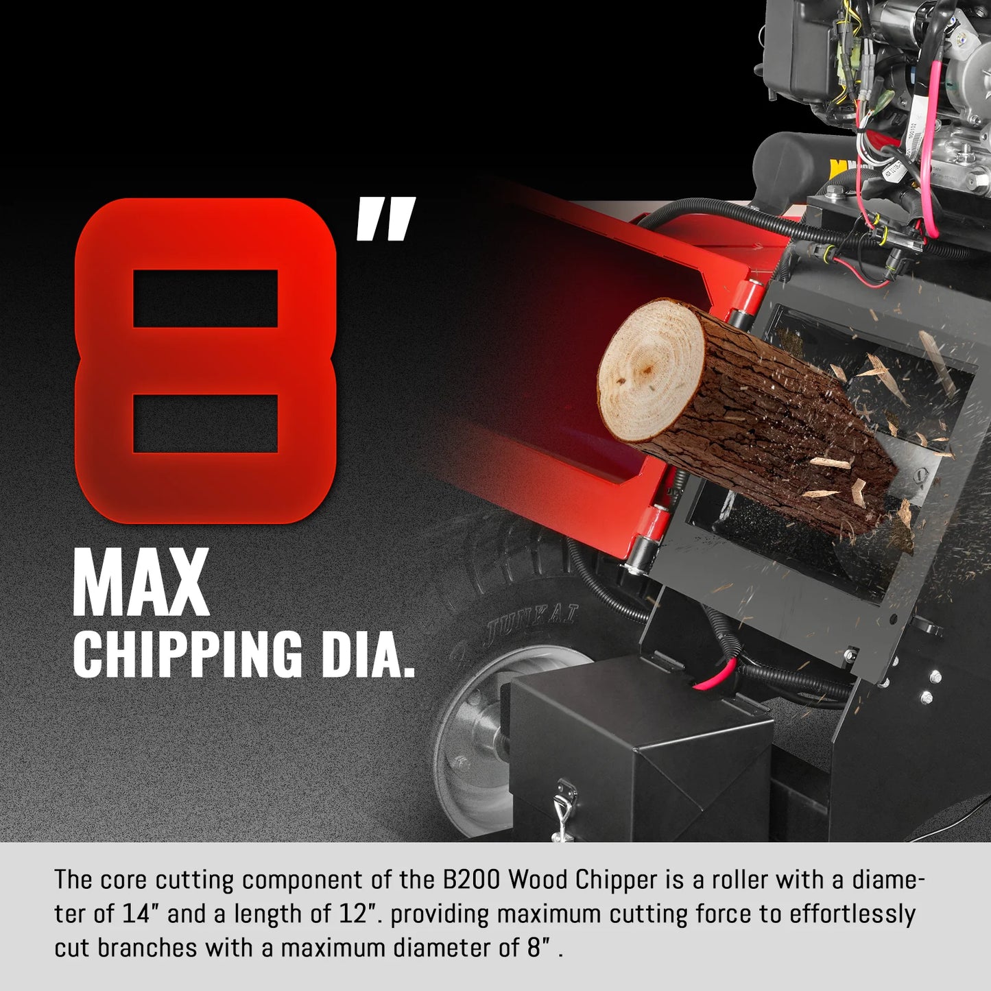 8 inch HONDA E-Start 688cc 22hp Gas Powered 4 - Wheel Drum Wood Chipper with Taillight ,  B200